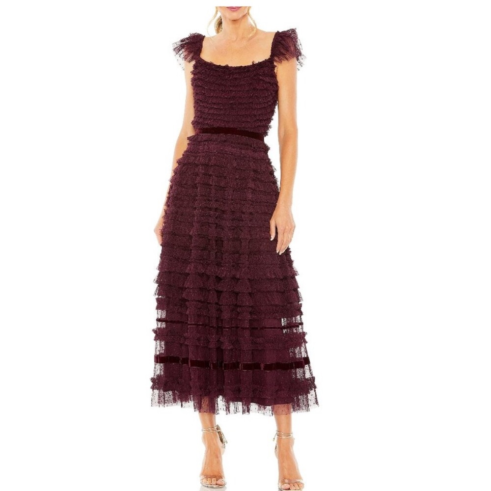 Mac Duggal Purple Ruffle Cap Sleeve Tiered Midi Dress